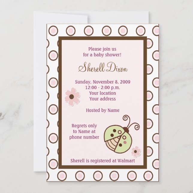 Lullabye Ladybug 5x7 Pink Trendy Invitations (Front)