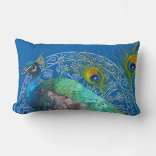 Lumbar Modern Painting Peacock Tail Feathers Blue Cushion