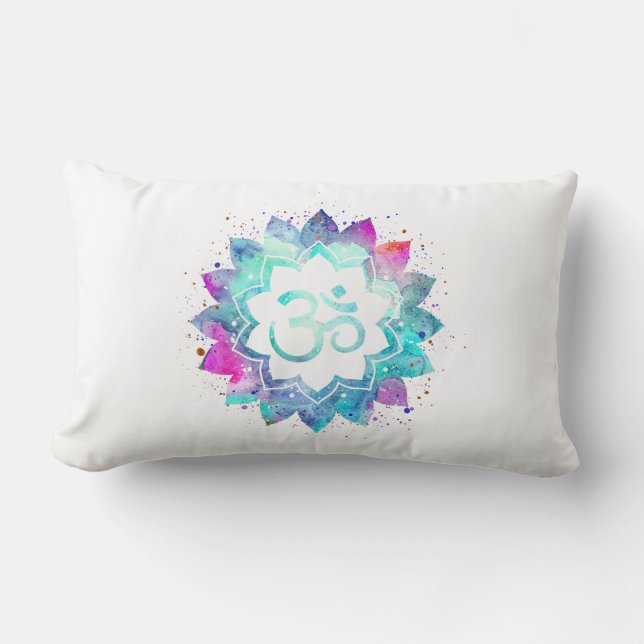 *~* Lumbar Om Symbol Watercolor Lotus Mandala Cushion (Front)