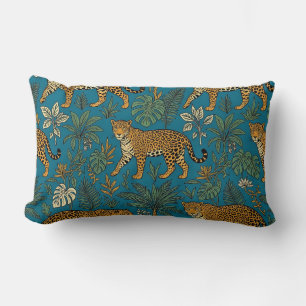Lumbar Pillow Teal Blue Botanical Jaguar Print
