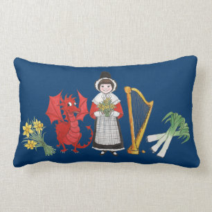Lumbar Pillow: Welsh, Daffodils, Dragon Leeks Harp Lumbar Cushion