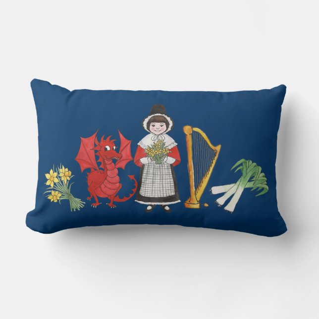 Lumbar Pillow: Welsh, Daffodils, Dragon Leeks Harp Lumbar Cushion (Front)
