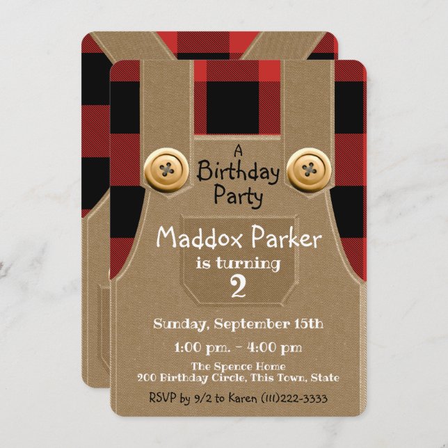 Lumber Jack Overalls Birthday Party Invitation (Front/Back)