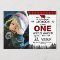 Lumberjack 1st Birthday Invitation Bear Woodland