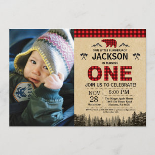 Lumberjack 1st Birthday Invitation Bear Woodland