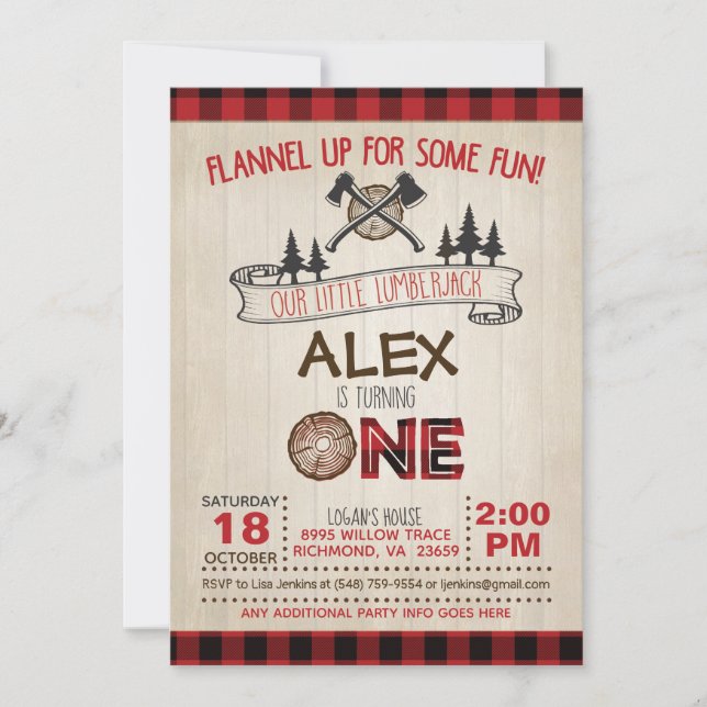 Lumberjack 1st Birthday Invitation - Red (Front)