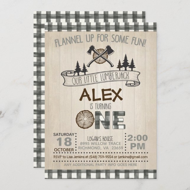 Lumberjack 1st Birthday Invitation - White (Front/Back)