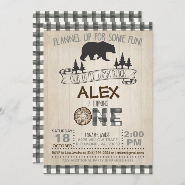 Lumberjack 1st Birthday Invitation - White/Bear (Front/Back)