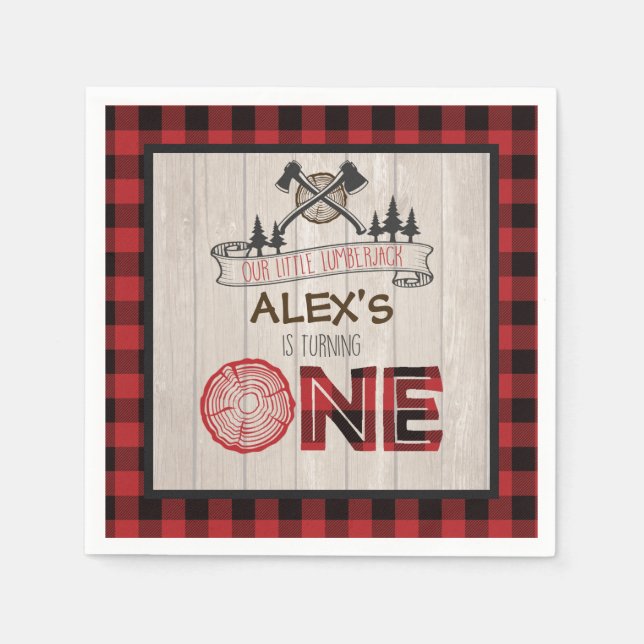 Lumberjack 1st Birthday Napkin - Axes RED (Front)