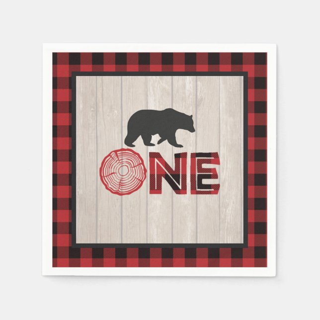 Lumberjack 1st Birthday Napkin - Bear Red ONE (Front)