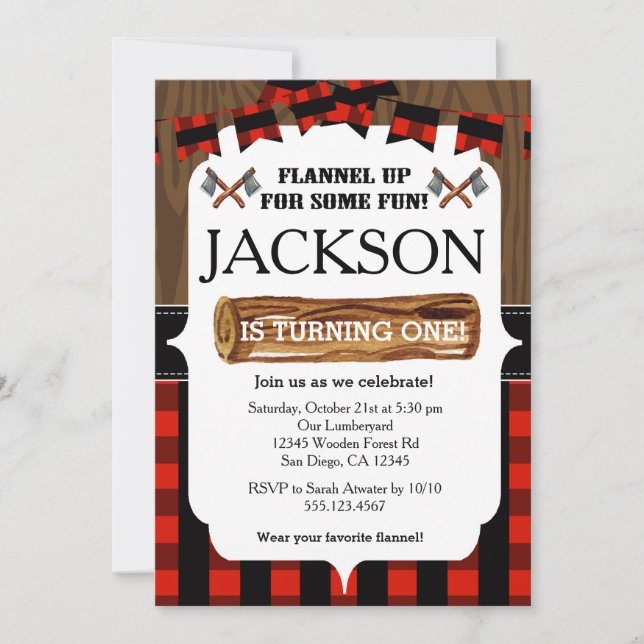 Lumberjack 1st Birthday Party Invitation (Front)