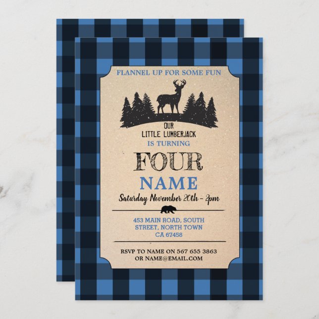 Lumberjack ANY AGE  Birthday Blue Flannel Invite (Front/Back)