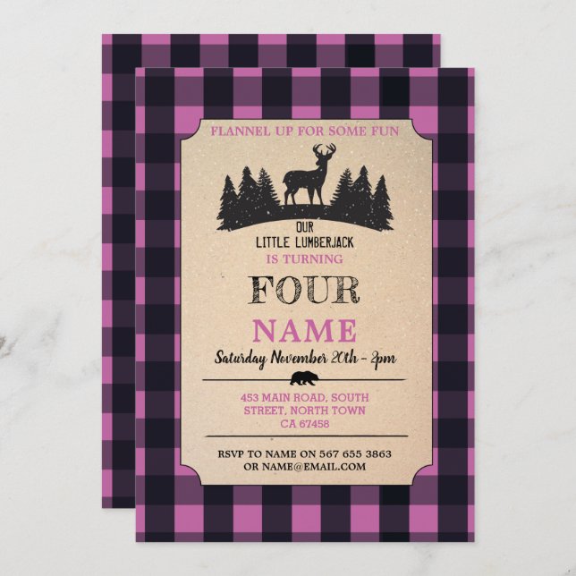Lumberjack ANY AGE  Birthday Pink Flannel Invite (Front/Back)