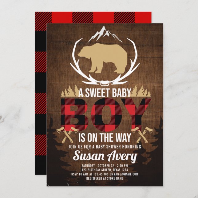 Lumberjack Baby Shower Wood Plaid Invitation (Front/Back)