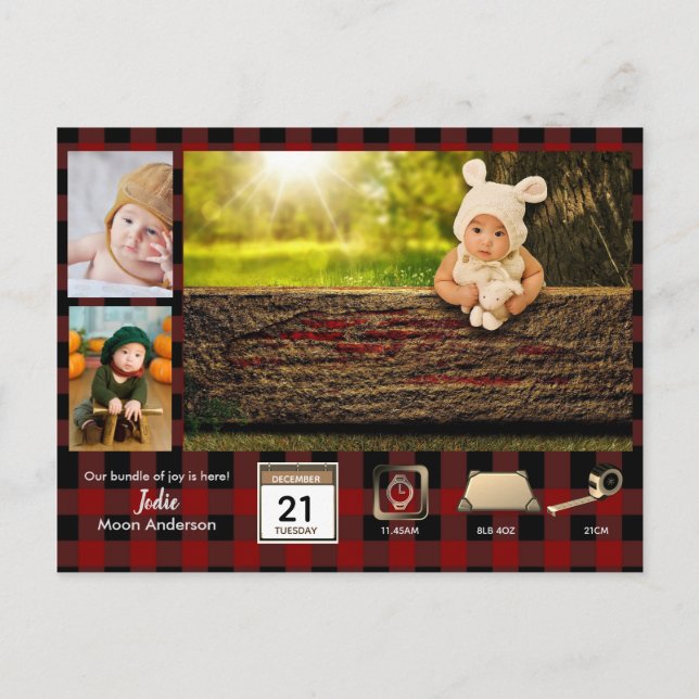 Lumberjack BABY STATS Photo Collage Announcement Postcard (Front)