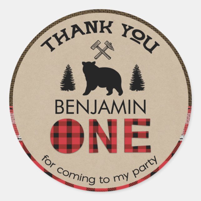 Lumberjack Bear 1st Birthday Favor Sticker (Front)