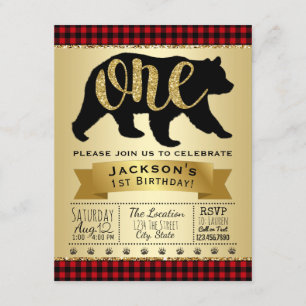 Lumberjack Bear 1st Birthday Party Invitations