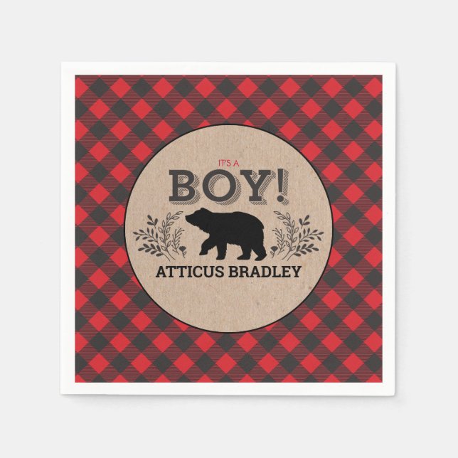 Lumberjack Bear Baby Boy Shower Napkin (Front)
