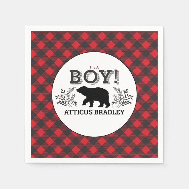 Lumberjack Bear Baby Boy Shower Napkin (Front)