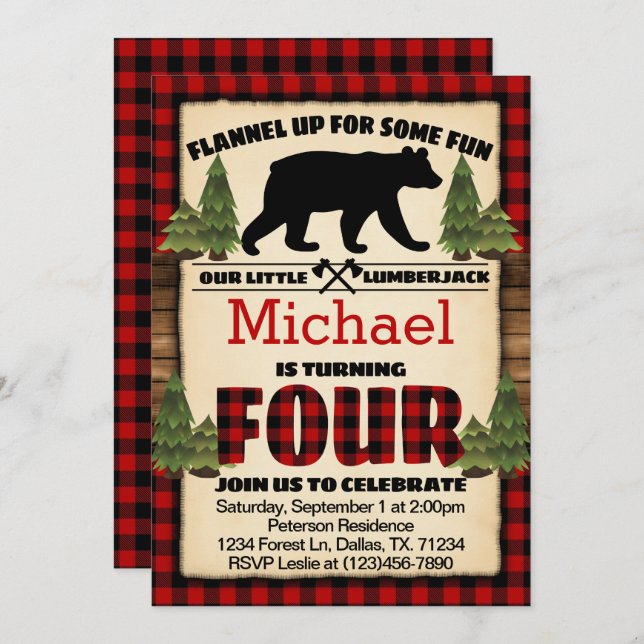 Lumberjack Bear Birthday Party Invitation Four 4th (Front/Back)