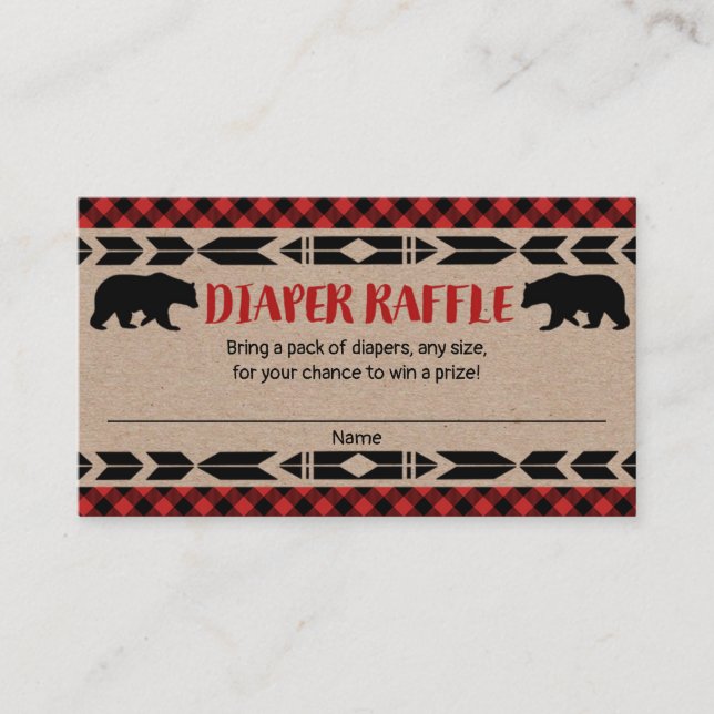 Lumberjack bear boy baby shower diaper raffle card (Front)