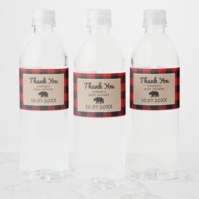 Lumberjack Bear Buffalo Plaid Baby Shower Favors Water Bottle Label (Bottles)