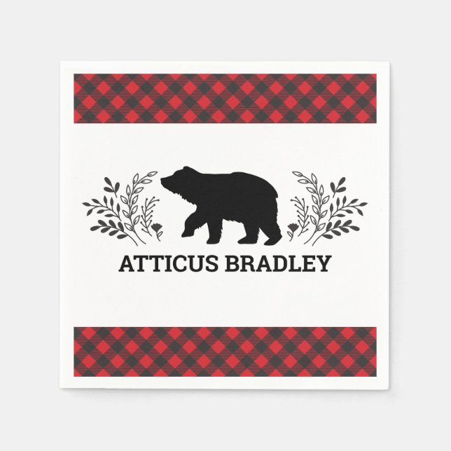 Lumberjack Bear Buffalo Plaid Baby Shower Napkin (Front)
