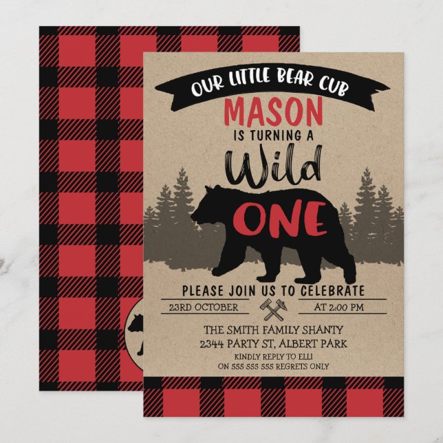 Lumberjack Bear Cub Wild One Birthday Invitation (Front/Back)