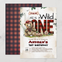 Lumberjack Bear First Birthday Party Invitation