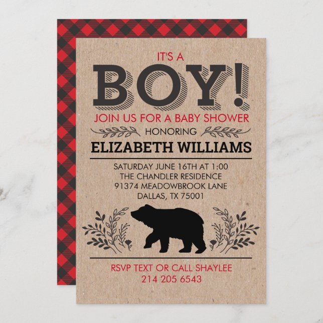 Lumberjack bear Flannel Rustic Boy Baby Shower Invitation (Front/Back)