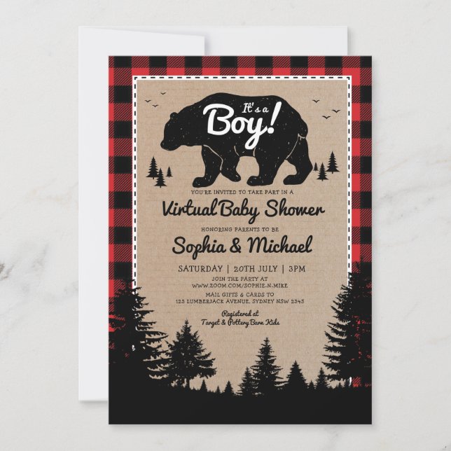 Lumberjack Bear Long Distance Virtual Baby Shower Invitation (Front)
