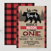 Lumberjack Bear-ly Believe 1st Birthday Invitation