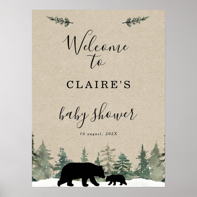 Lumberjack Bear Pine Tree Baby Shower Welcome Sign (Front)
