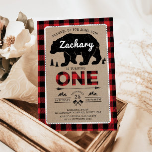 Lumberjack Bear Tartan 1st Birthday Woodland Party Invitation