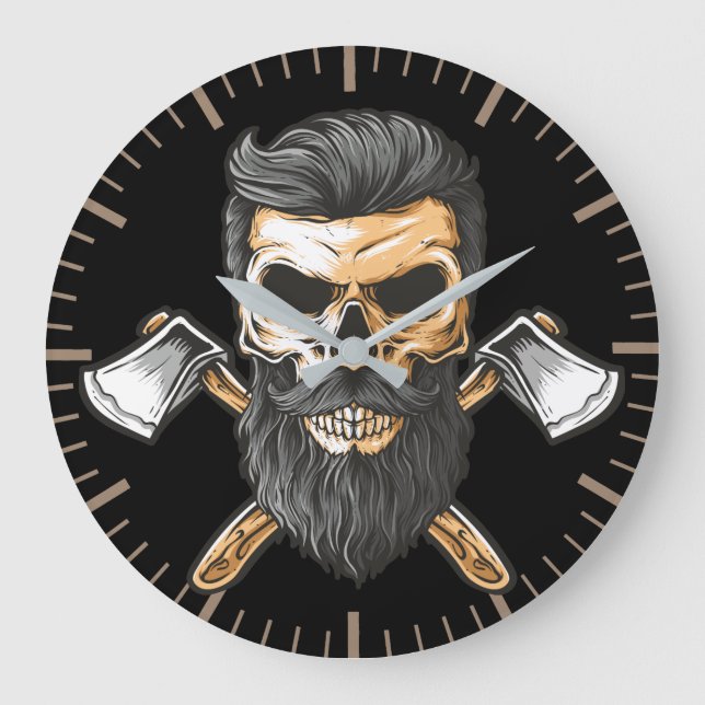 Lumberjack Bearded Skull Crossed Axes Large Clock (Front)