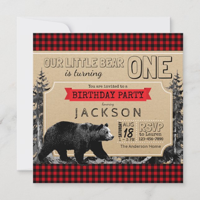 Lumberjack Birthday Buffalo Plaid Boys Little Bear Invitation (Front)