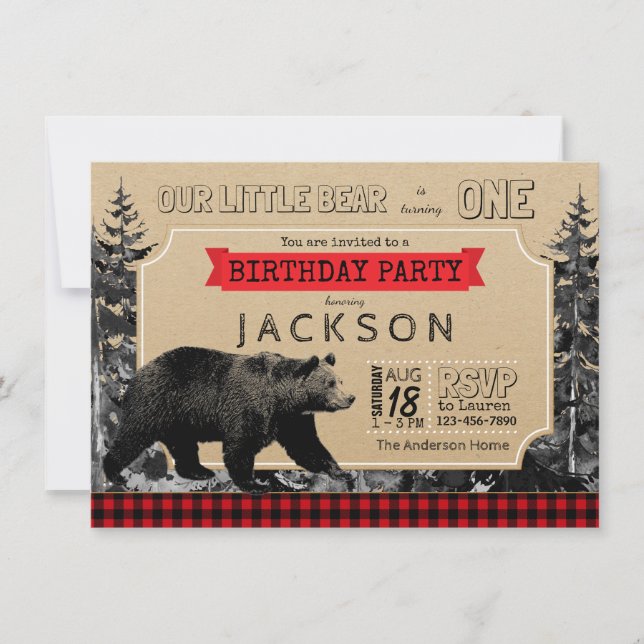 Lumberjack Birthday Buffalo Plaid Little Bear Invitation (Front)