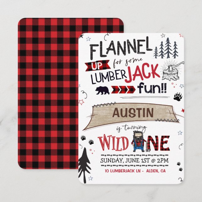 Lumberjack Birthday Invitation Buffalo Plaid Boy (Front/Back)