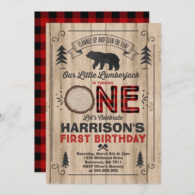 Lumberjack Birthday Invitation Lumberjack Party (Front/Back)