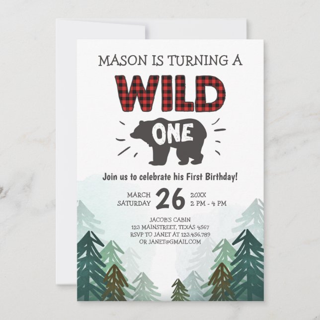 Lumberjack Birthday Invitation Wild One Forest (Front)