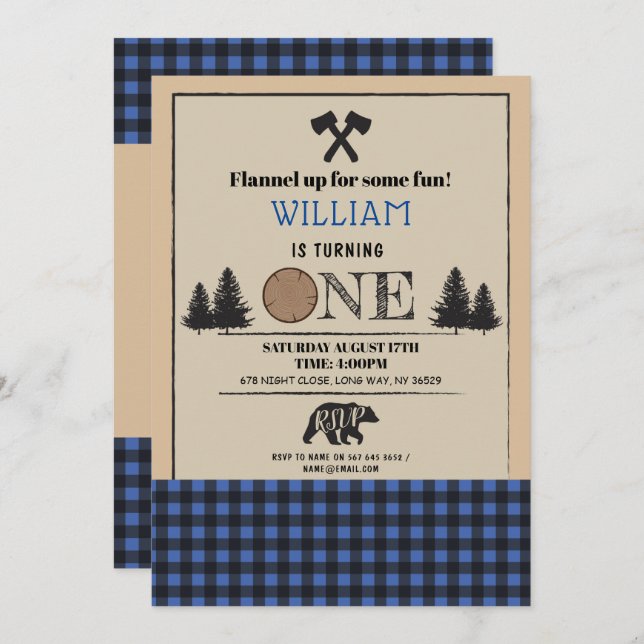 Lumberjack Birthday Party ONE First Blue Invite (Front/Back)