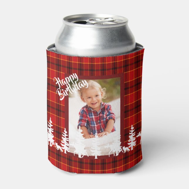 Lumberjack birthday photo red plaid pattern can cooler (Can Front)