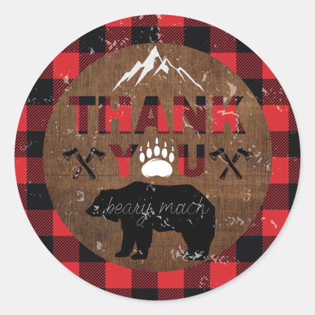 Lumberjack Birthday Wood Thank you Classic Round Sticker (Front)