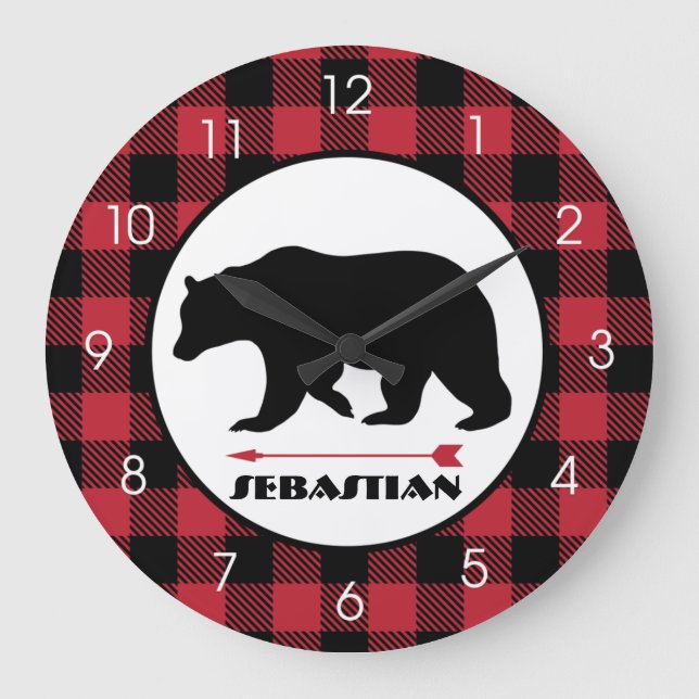 Lumberjack Black Bear Buffalo Plaid Hunter Theme Large Clock (Front)