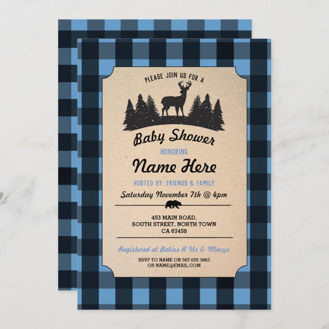 Lumberjack Blue Baby Shower Woodland Invite (Front/Back)