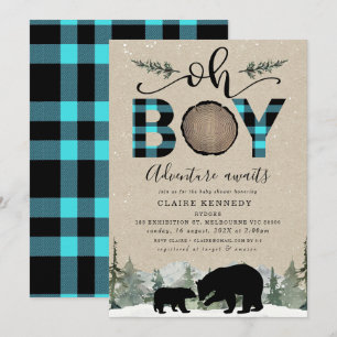 Lumberjack Blue Flannel Kraft Oh Boy Baby Shower Invitation