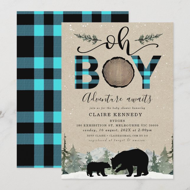 Lumberjack Blue Flannel Kraft Oh Boy Baby Shower Invitation (Front/Back)