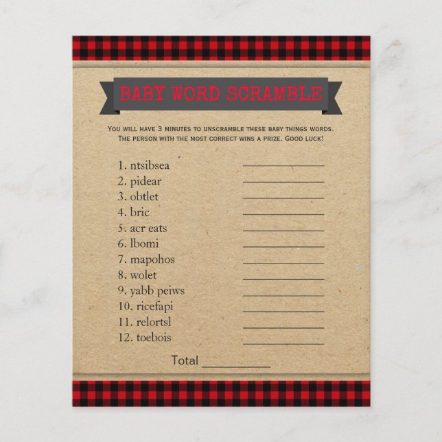 Lumberjack Boho Baby Shower Games Word Scramble (Front)