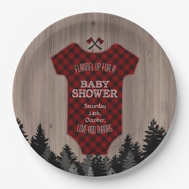 Lumberjack Buffalo Baby Suit Barn Baby Shower Paper Plate (Front)