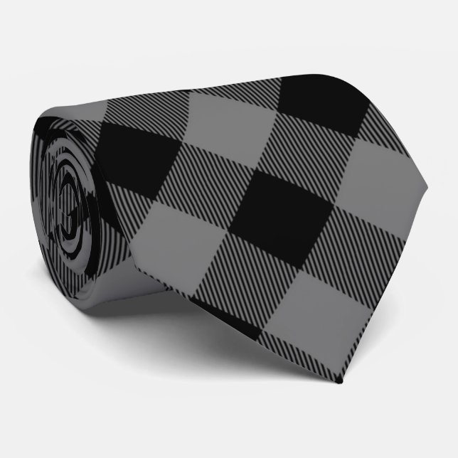 Lumberjack Buffalo Check Plaid Pattern Grey Black Tie (Rolled)